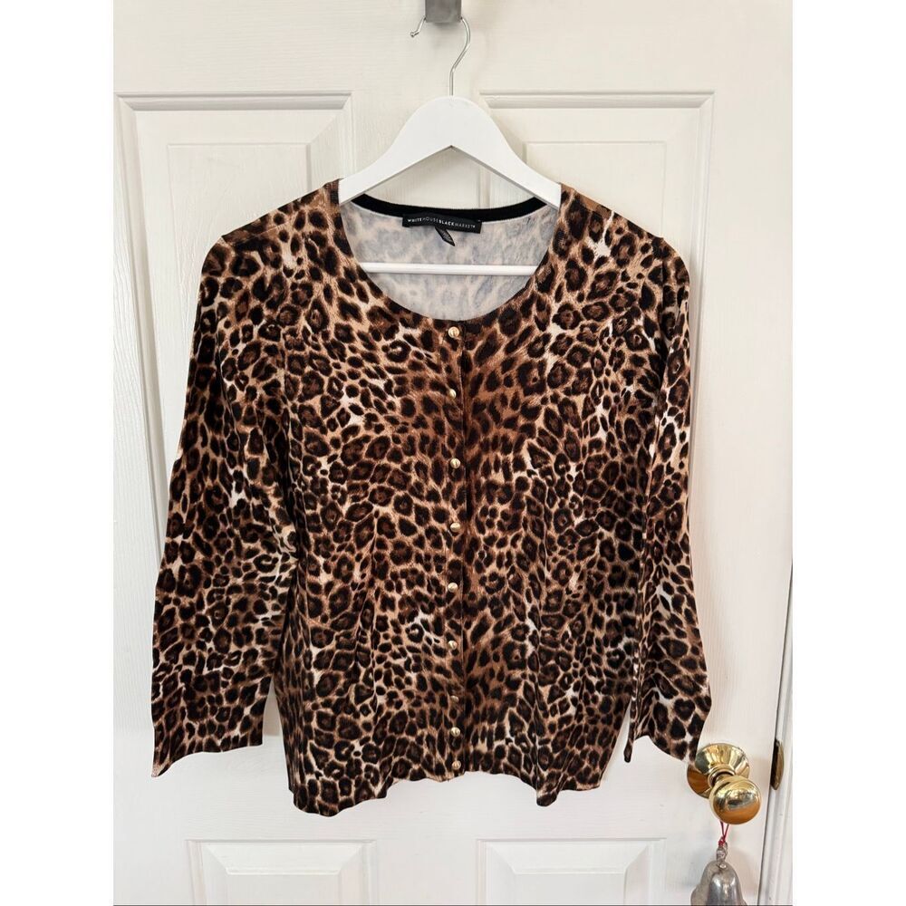 White House Black Market Leopard Print Brass Snap Cardigan Sweater Mob Wife sz X